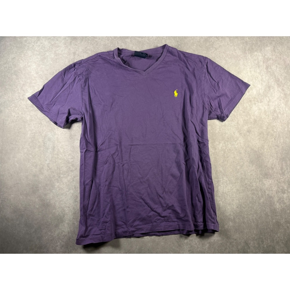 Polo Ralph Lauren Men's Medium Purple V-Neck T-Shirt Yellow Pony Logo Cotton